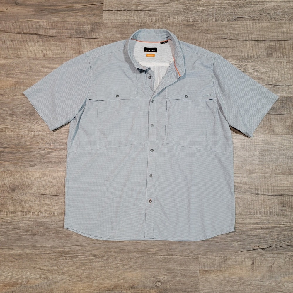 Orvis Mens XL Active Fit Fishing Shirt Seersucker Gingham Plaid Short Sleeve